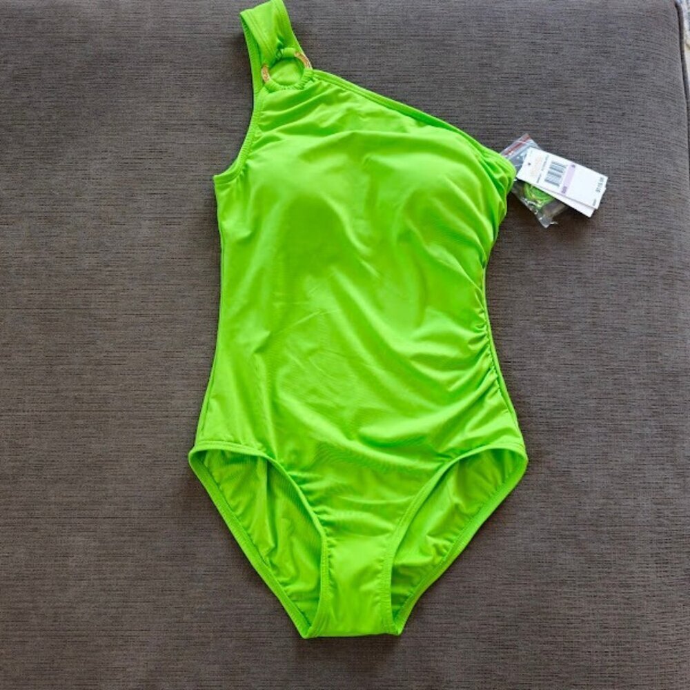 NWT Michael Kors Green  One-Shoulder Gold Accent Ring One-lPiece Swimsuit Size 6